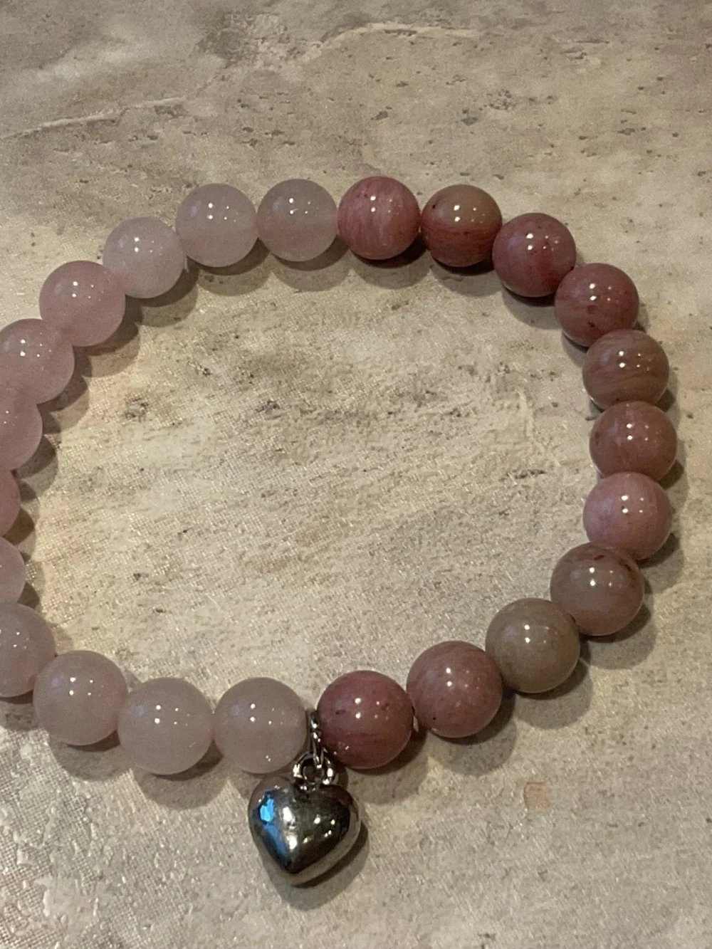 Pink Rose Quartz and Rhodonite Beaded Stretch Bracelet with Heart Charm
